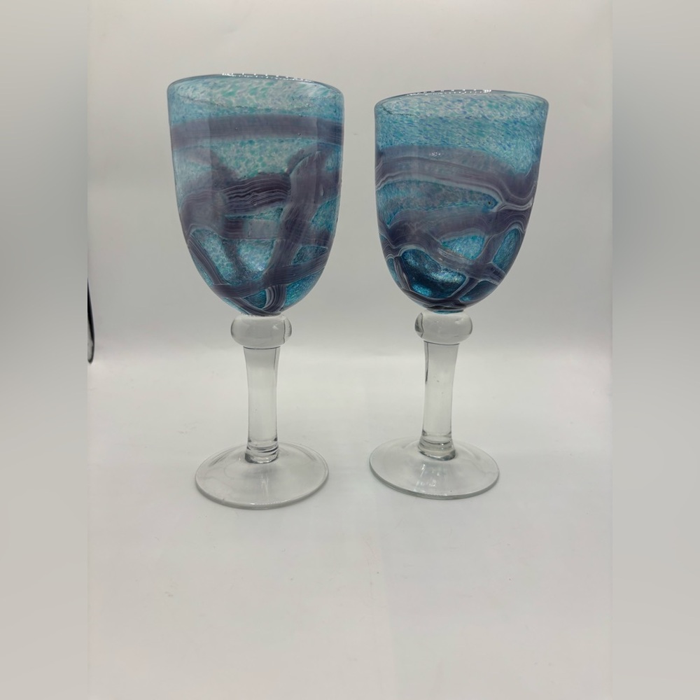 Handblown Glass Wine Goblets in Blue and Teal Swirl